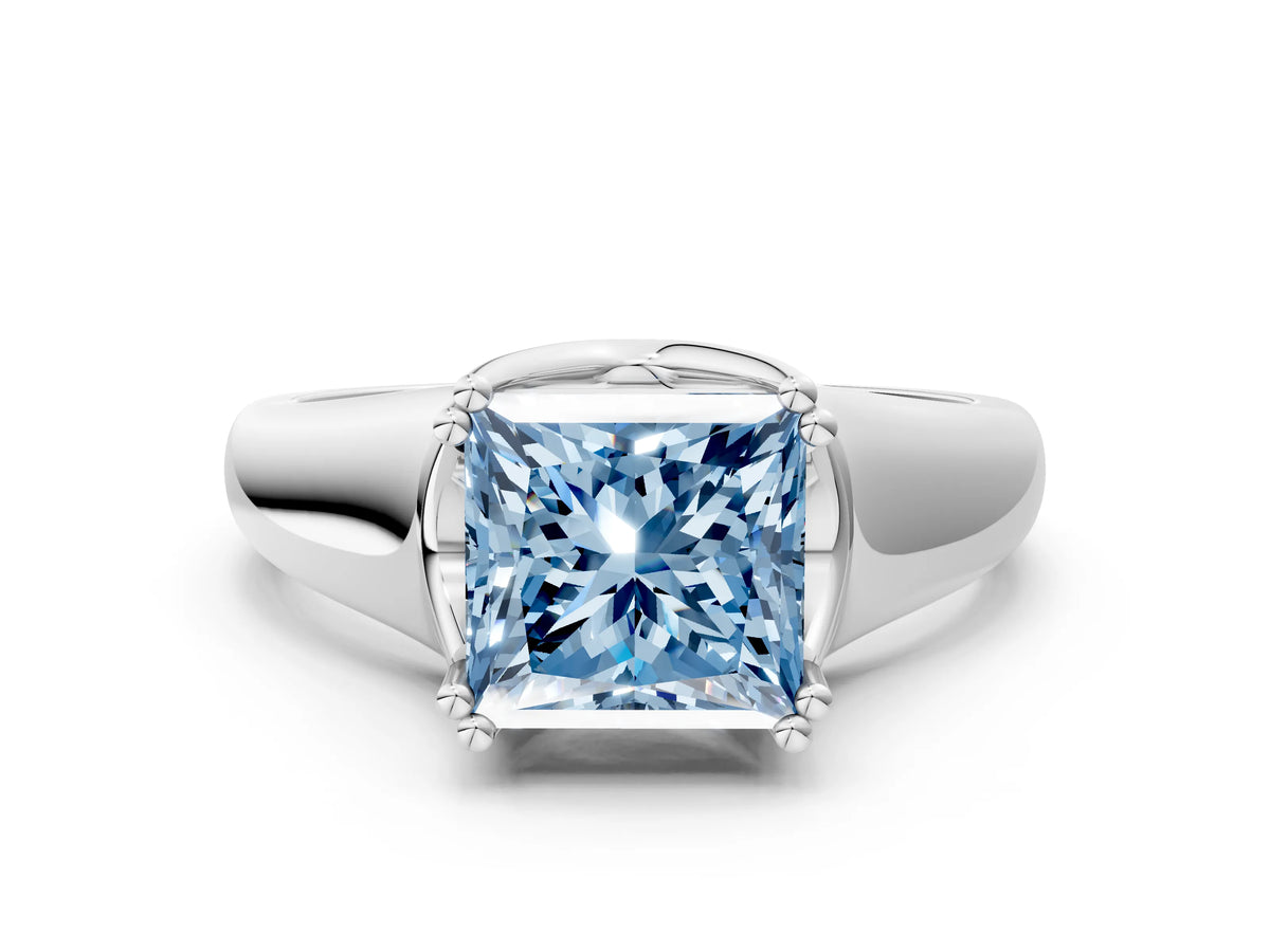 Fancy Blue Princess Cut Diamond Solitaire Ring in Platinum with Smooth Wide Band and Prong Setting_12