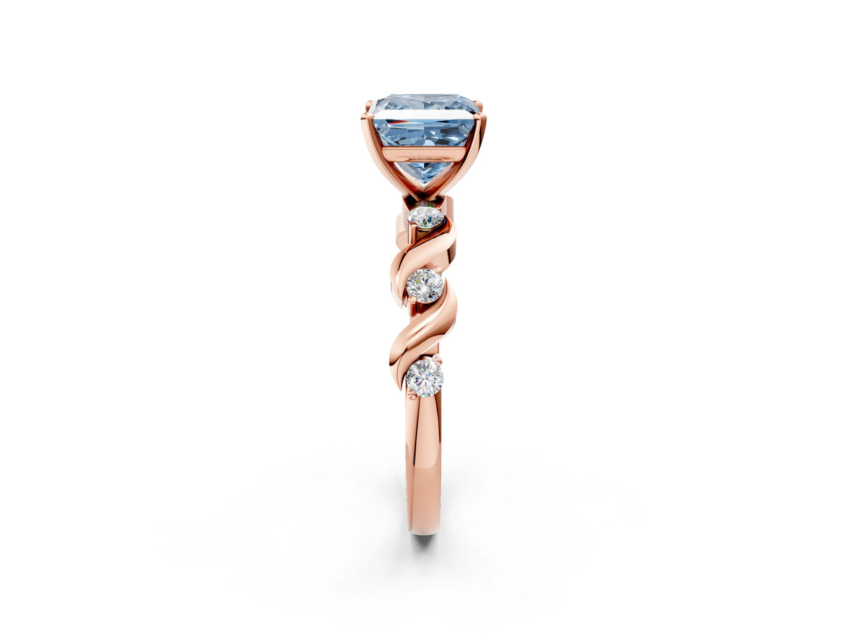 Fancy Blue Princess Cut Diamond Solitaire Ring in Rose gold with Twisted Ribbon Band and Round Accents_2