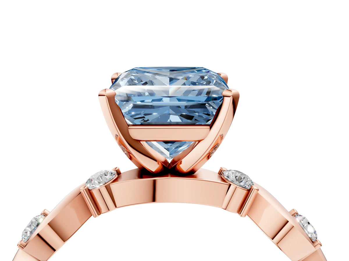 Fancy Blue Princess Cut Diamond Solitaire Ring in Rose gold with Twisted Ribbon Band and Round Accents_4