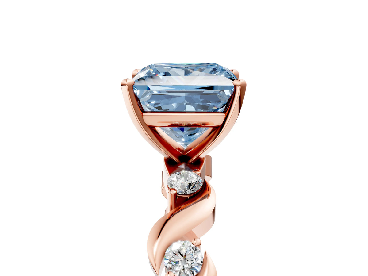 Fancy Blue Princess Cut Diamond Solitaire Ring in Rose gold with Twisted Ribbon Band and Round Accents_5