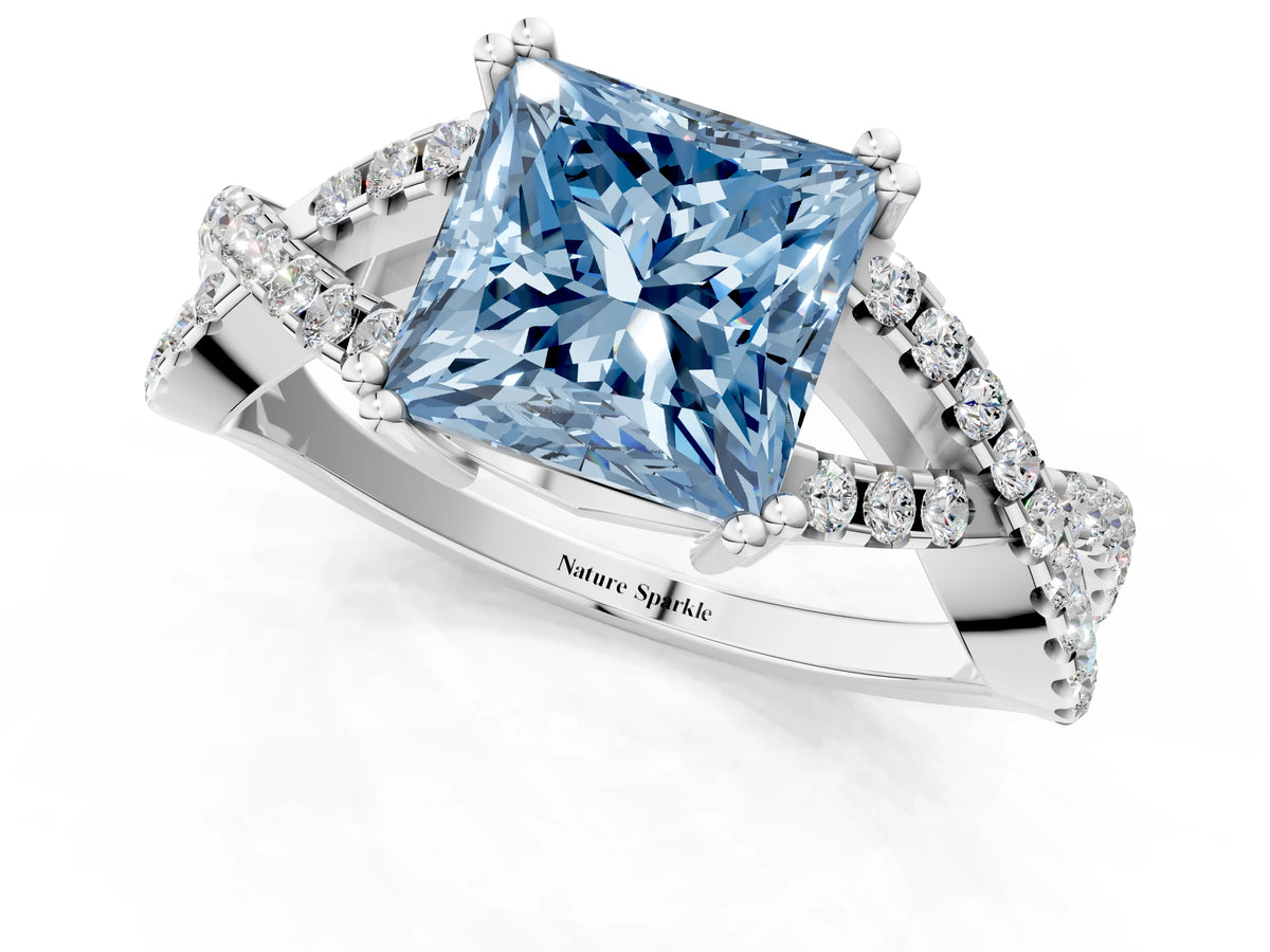 Fancy Blue Princess Cut Diamond Solitaire Ring in Silver with Interwoven Pavé Band and Prong Setting_7