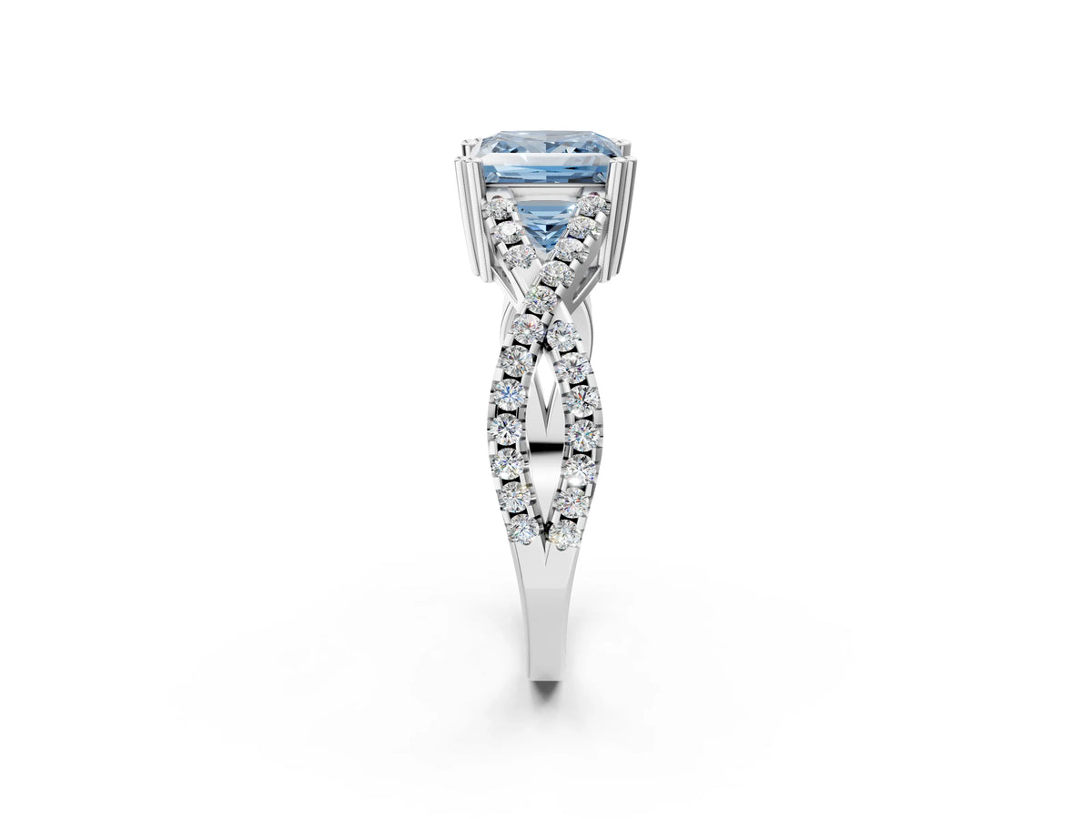 Fancy Blue Princess Cut Diamond Solitaire Ring in Silver with Interwoven Pavé Band and Prong Setting_8