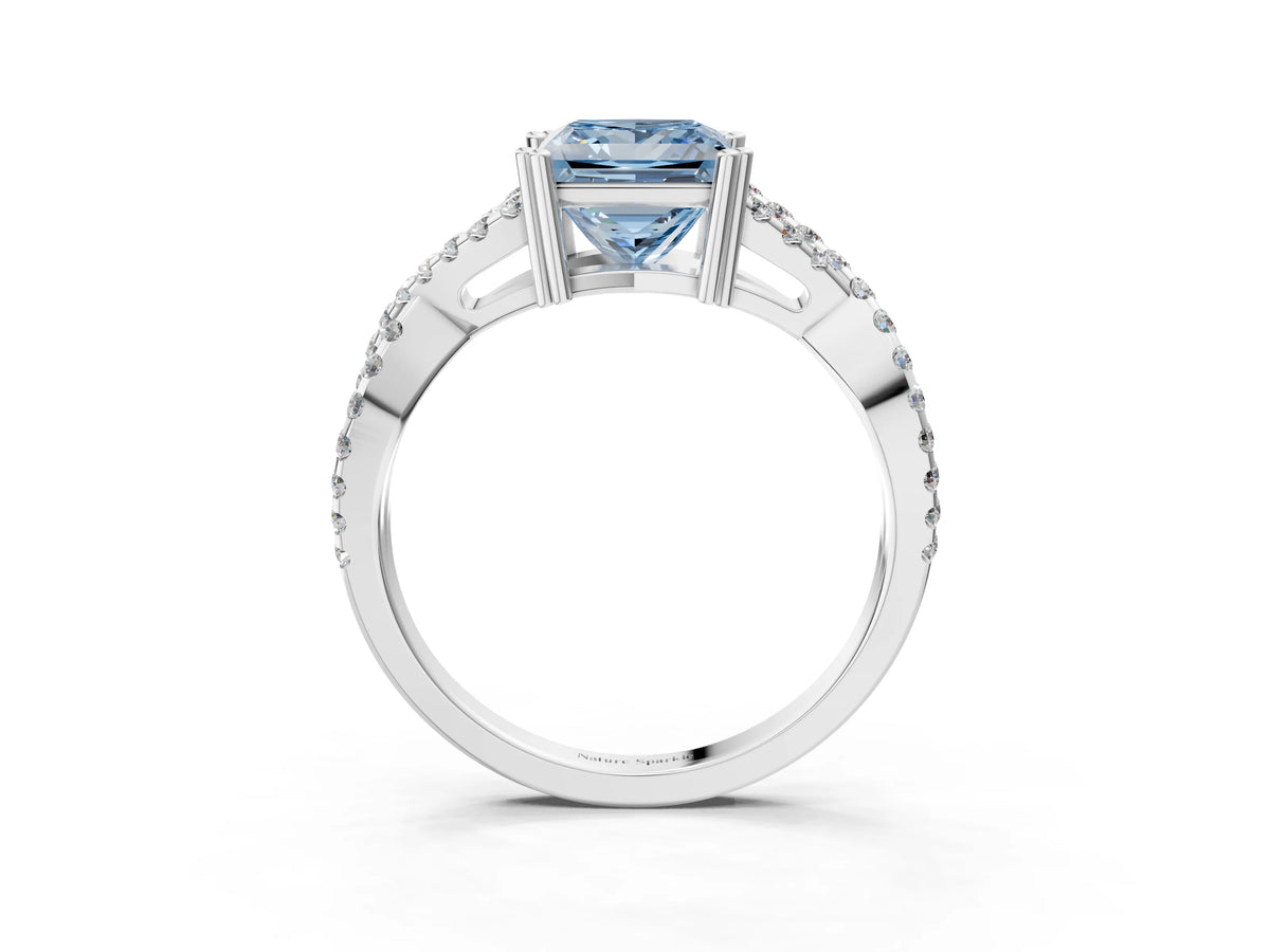 Fancy Blue Princess Cut Diamond Solitaire Ring in Silver with Interwoven Pavé Band and Prong Setting_9