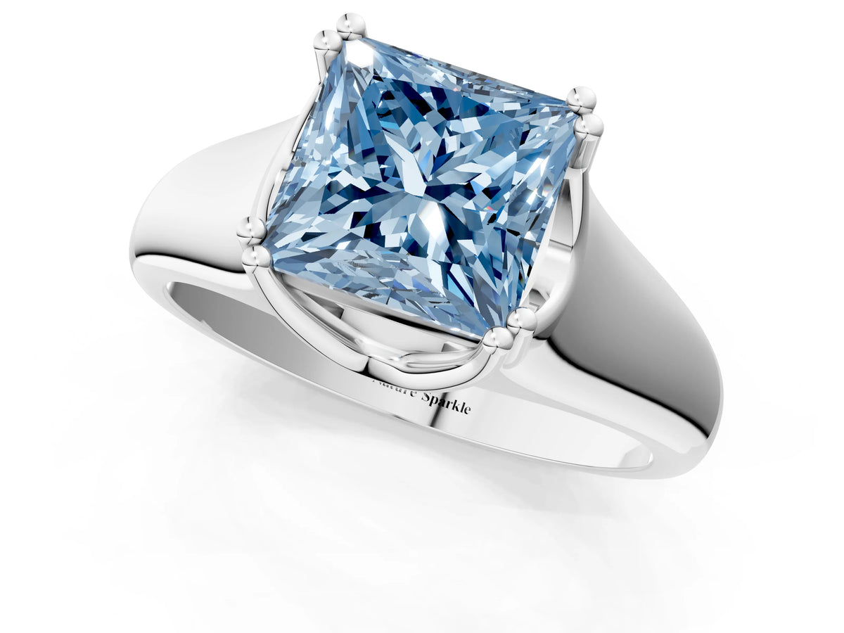Fancy Blue Princess Cut Diamond Solitaire Ring in Silver with Smooth Wide Band and Prong Setting_13