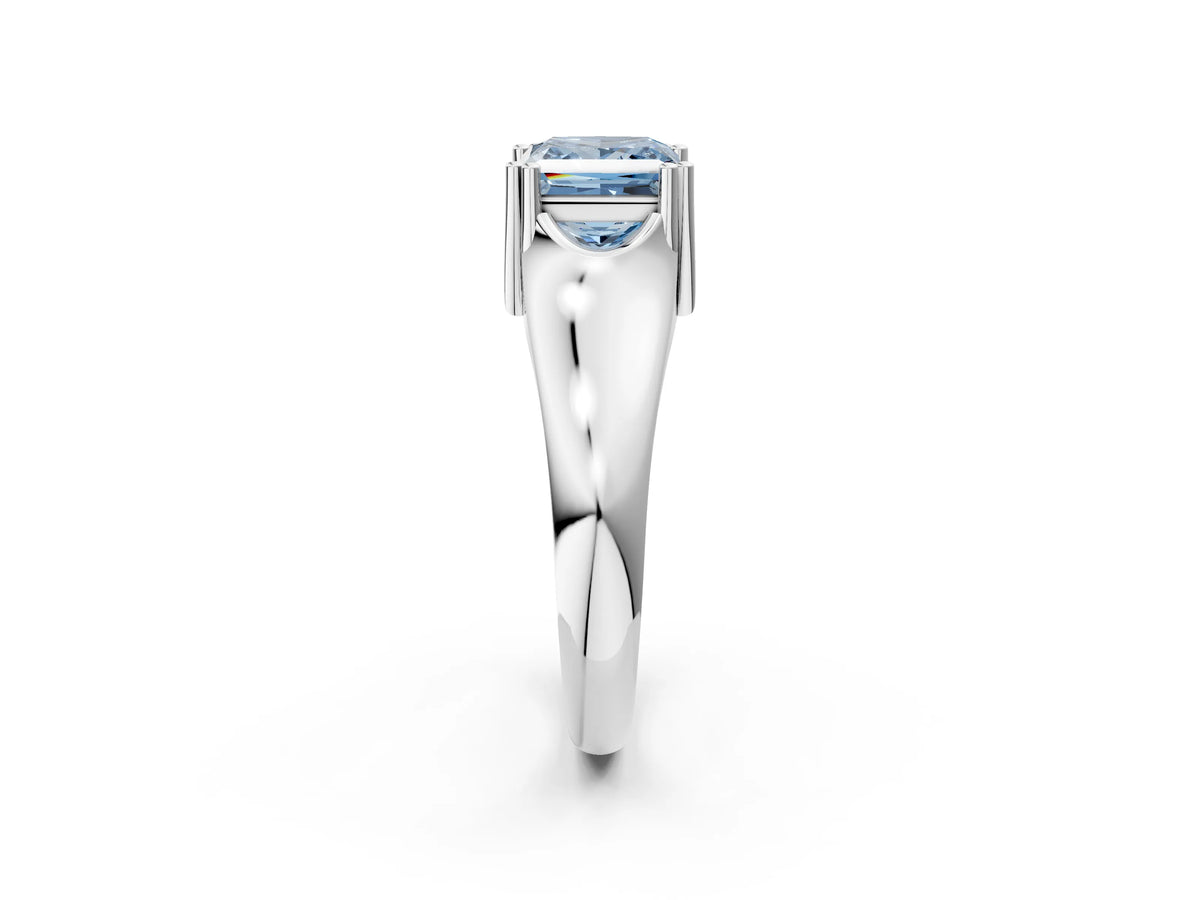 Fancy Blue Princess Cut Diamond Solitaire Ring in Silver with Smooth Wide Band and Prong Setting_14