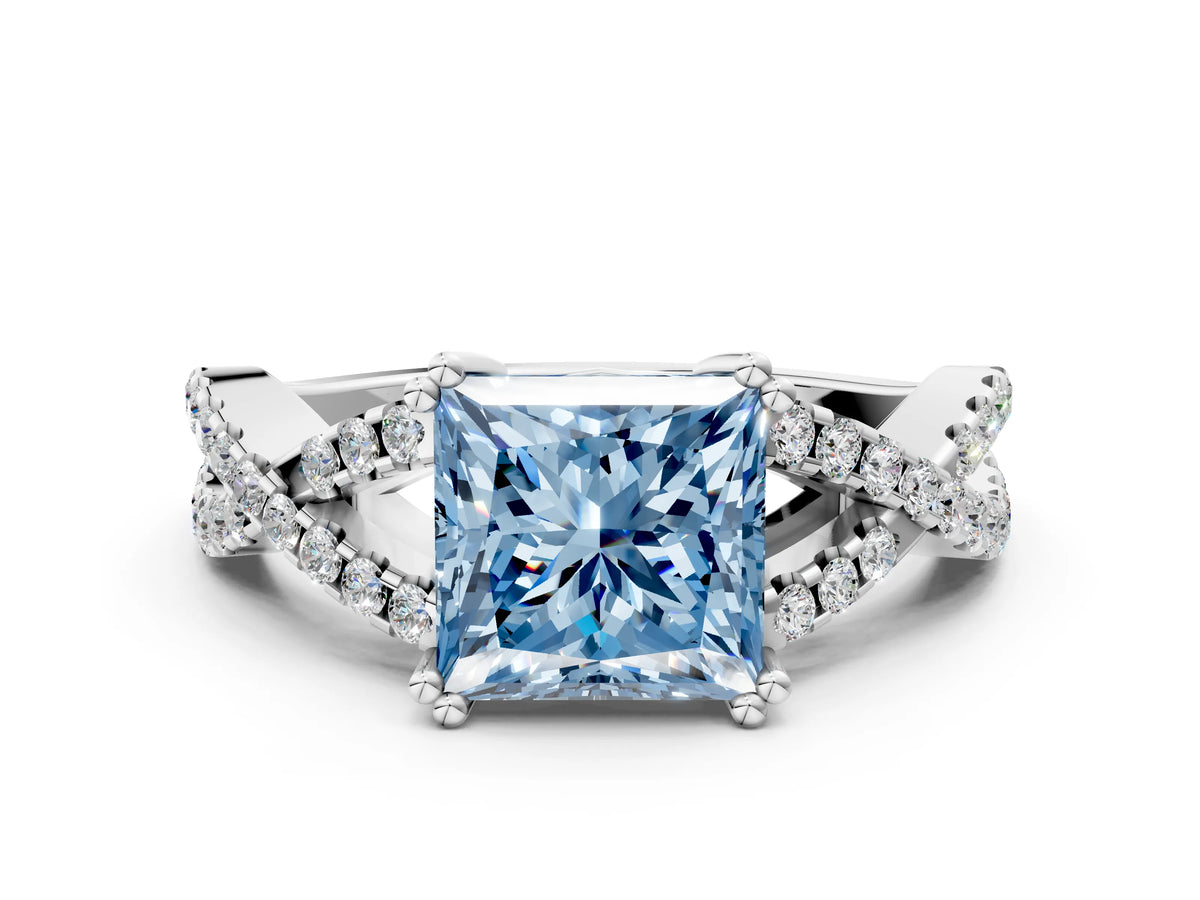 Fancy Blue Princess Cut Diamond Solitaire Ring in White gold with Interwoven Pavé Band and Prong Setting