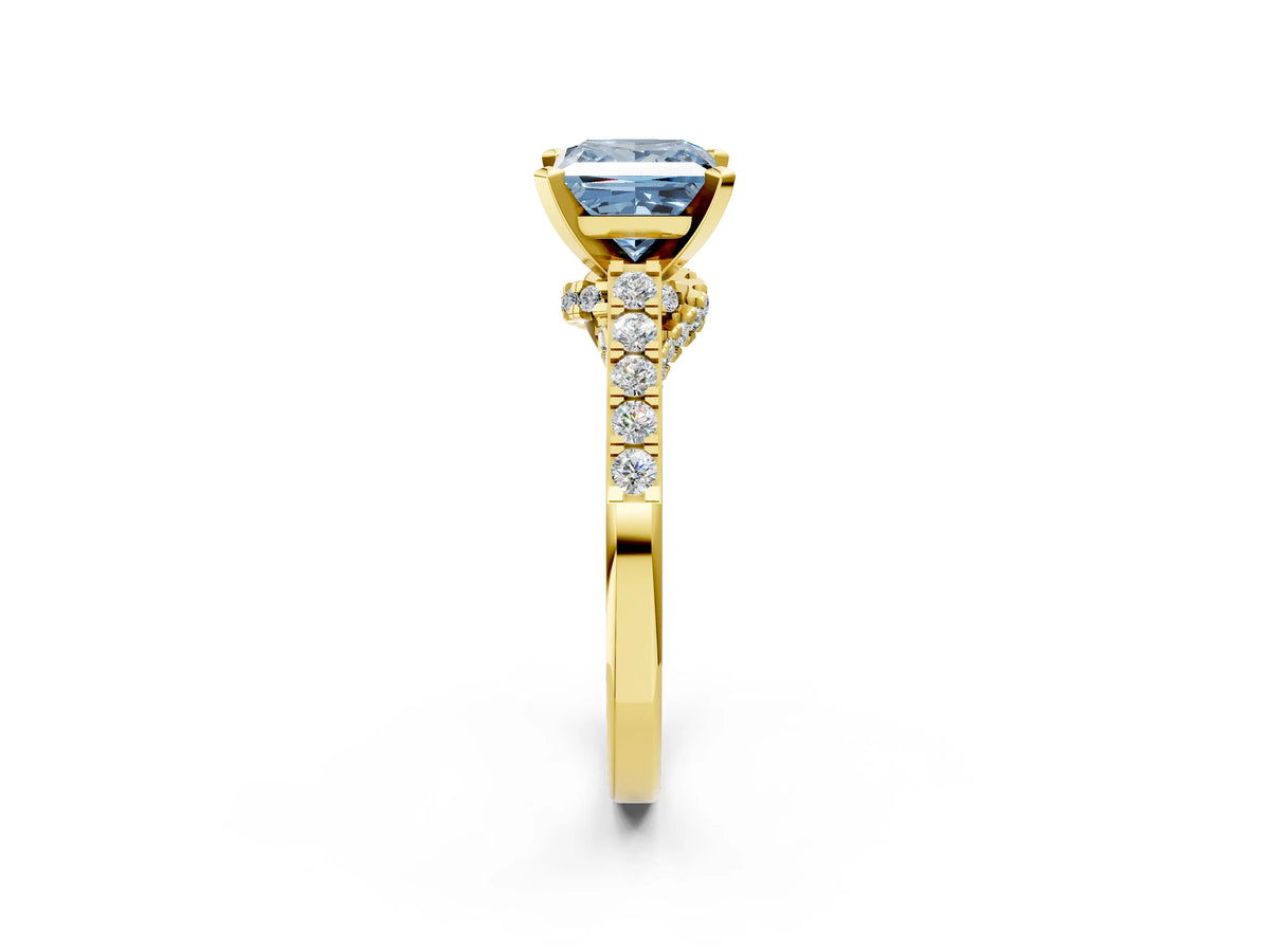 Fancy Blue Princess Cut Diamond Solitaire Ring in Yellow gold with Crossover Gallery and Round Pavé Band_2