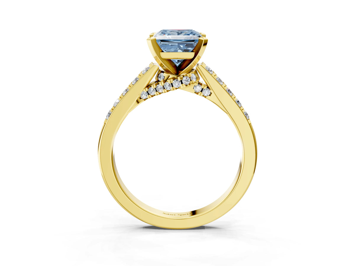 Fancy Blue Princess Cut Diamond Solitaire Ring in Yellow gold with Crossover Gallery and Round Pavé Band_3