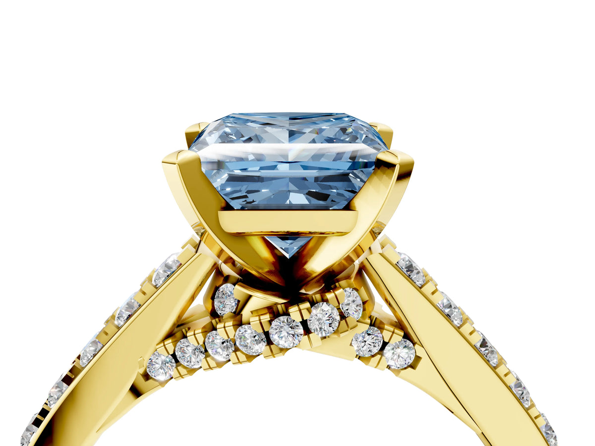 Fancy Blue Princess Cut Diamond Solitaire Ring in Yellow gold with Crossover Gallery and Round Pavé Band_4