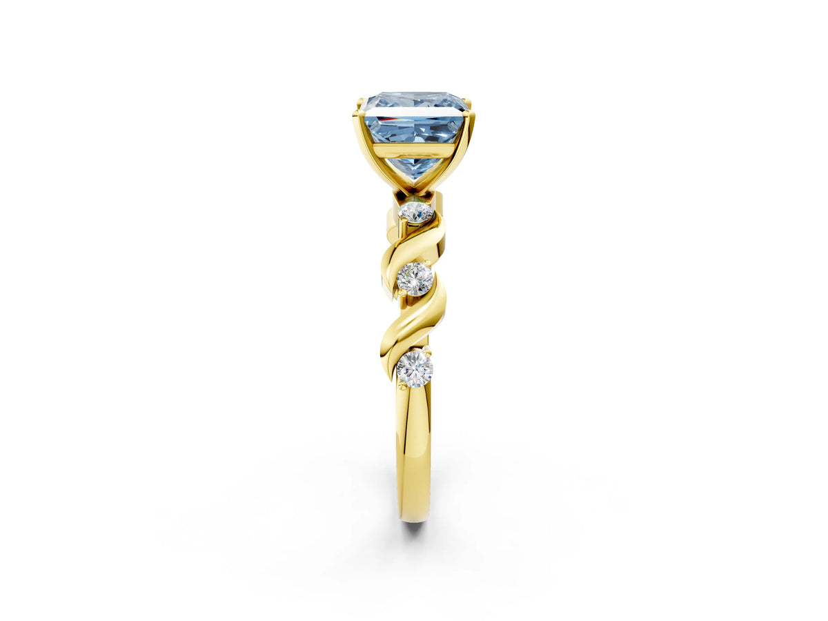 Fancy Blue Princess Cut Diamond Solitaire Ring in Yellow gold with Twisted Ribbon Band and Round Accents_2