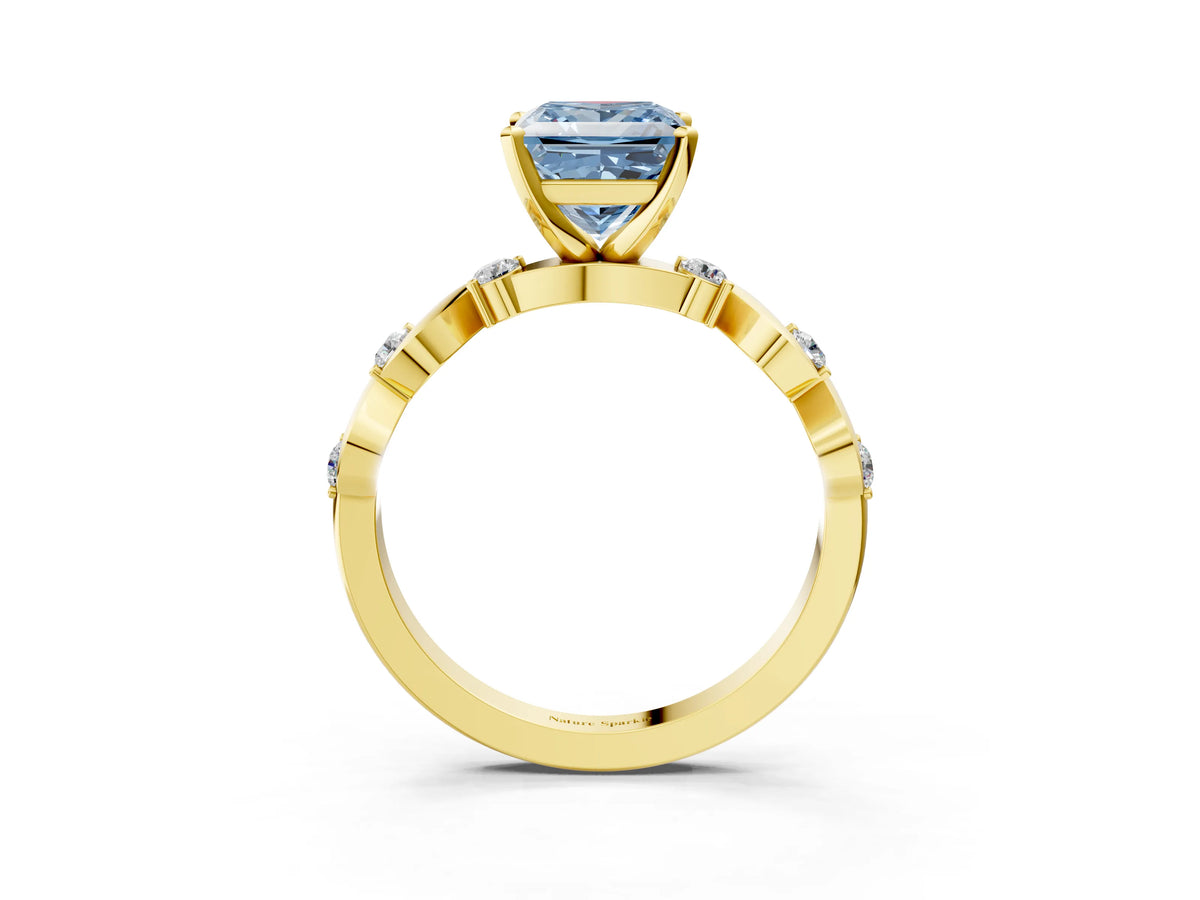 Fancy Blue Princess Cut Diamond Solitaire Ring in Yellow gold with Twisted Ribbon Band and Round Accents_3
