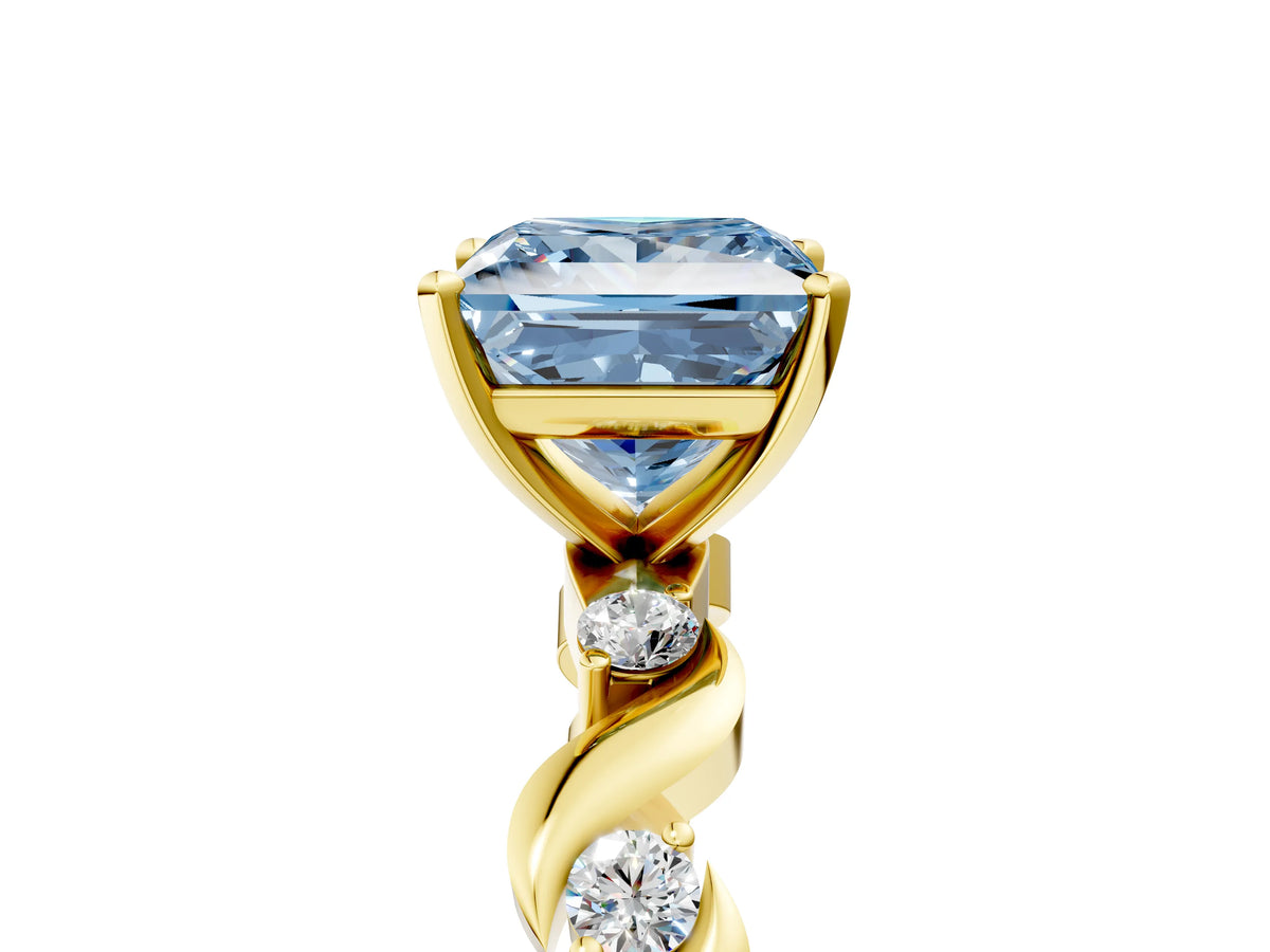 Fancy Blue Princess Cut Diamond Solitaire Ring in Yellow gold with Twisted Ribbon Band and Round Accents_5