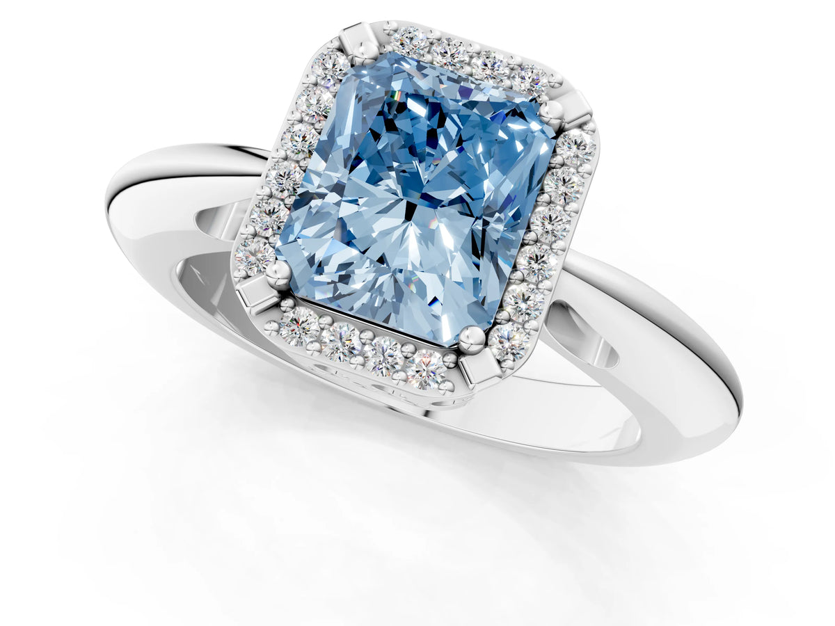 Fancy Blue Radiant Cut Diamond Halo Engagement Ring in Platinum with Plain Split Shank and Prong Setting_13