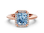 Fancy Blue Radiant Cut Diamond Halo Engagement Ring in Rose gold with Plain Split Shank and Prong Setting