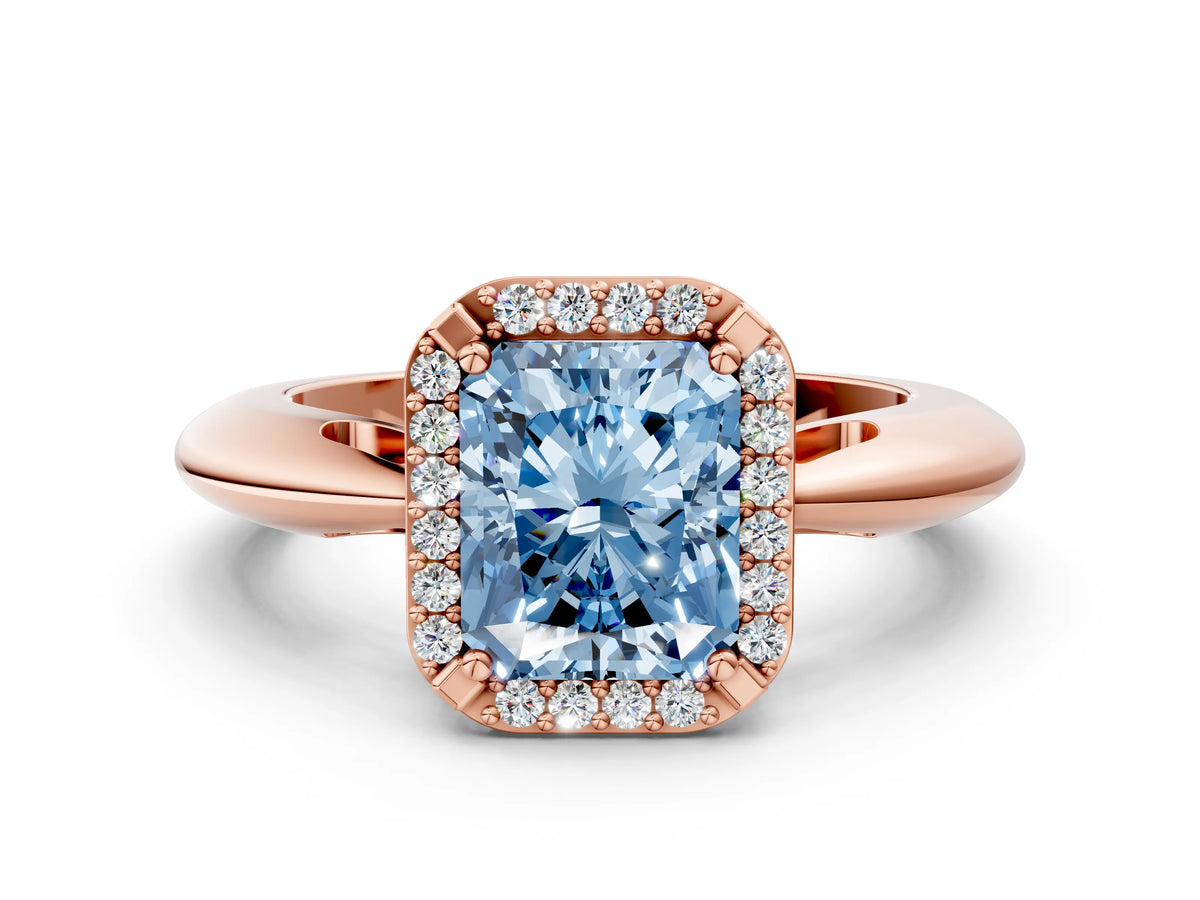 Fancy Blue Radiant Cut Diamond Halo Engagement Ring in Rose gold with Plain Split Shank and Prong Setting