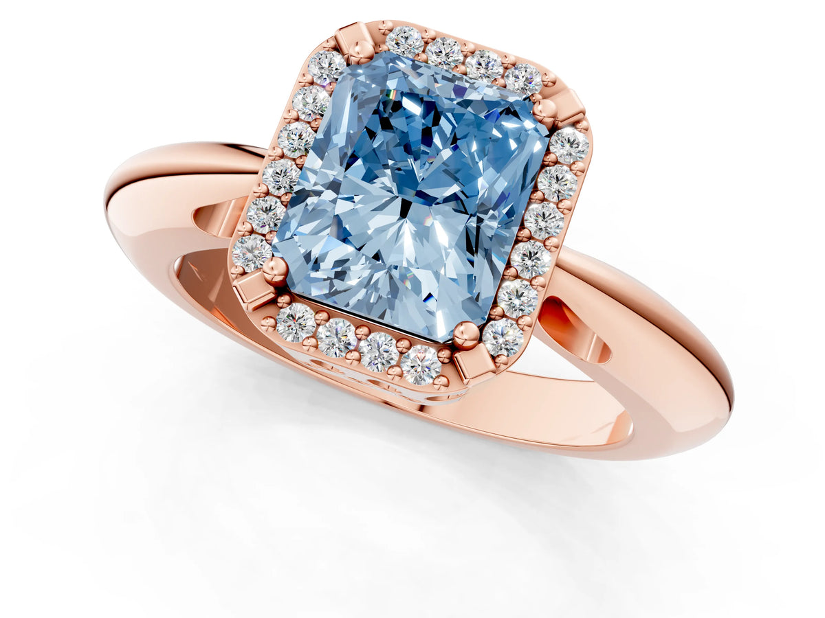 Fancy Blue Radiant Cut Diamond Halo Engagement Ring in Rose gold with Plain Split Shank and Prong Setting_1