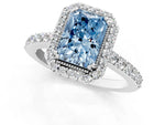 Fancy Blue Radiant Cut Diamond Halo Engagement Ring in White gold with Milgrain Detail and Pavé Band_1