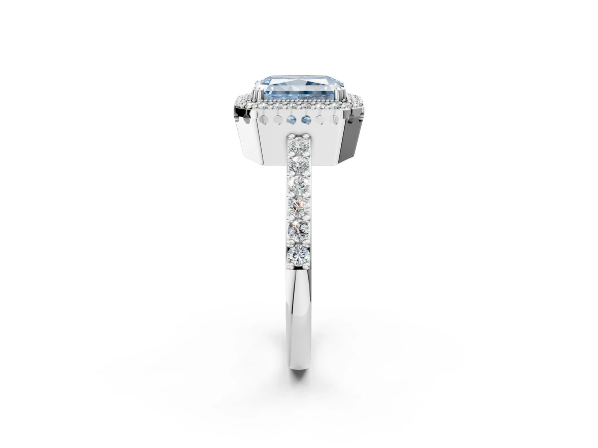 Fancy Blue Radiant Cut Diamond Halo Engagement Ring in White gold with Milgrain Detail and Pavé Band_2