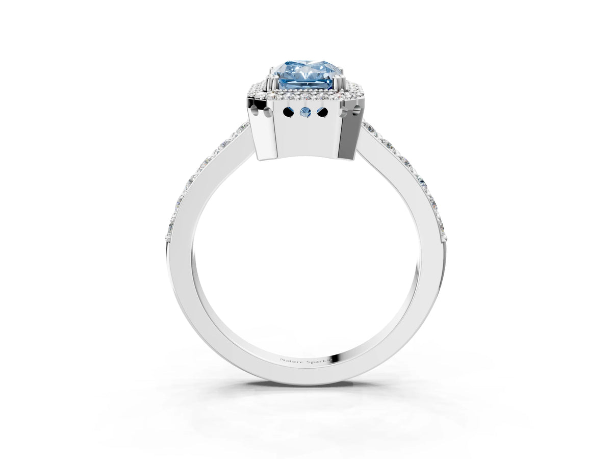 Fancy Blue Radiant Cut Diamond Halo Engagement Ring in White gold with Milgrain Detail and Pavé Band_3