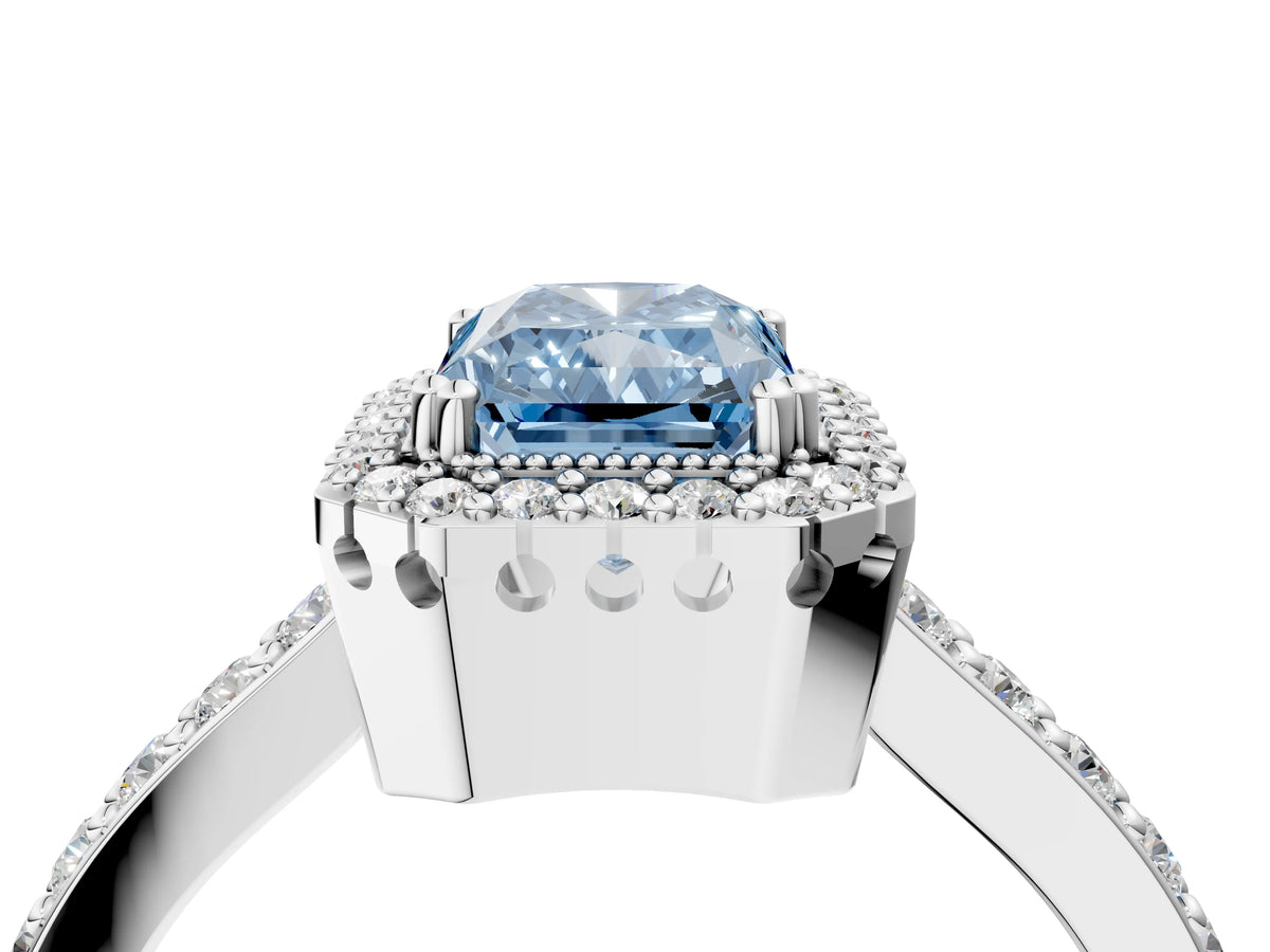 Fancy Blue Radiant Cut Diamond Halo Engagement Ring in White gold with Milgrain Detail and Pavé Band_4