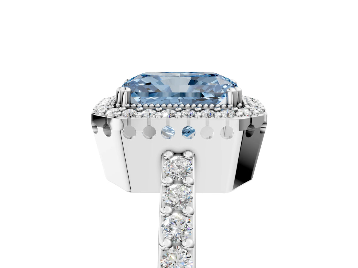 Fancy Blue Radiant Cut Diamond Halo Engagement Ring in White gold with Milgrain Detail and Pavé Band_5