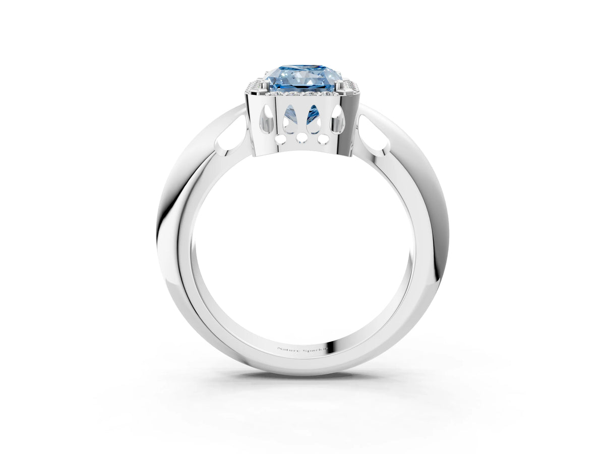 Fancy Blue Radiant Cut Diamond Halo Engagement Ring in White gold with Plain Split Shank and Prong Setting_3