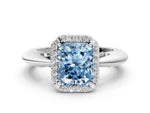 Fancy Blue Radiant Cut Diamond Halo Engagement Ring in White gold with Plain Split Shank and Prong Setting