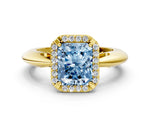 Fancy Blue Radiant Cut Diamond Halo Engagement Ring in Yellow gold with Plain Split Shank and Prong Setting