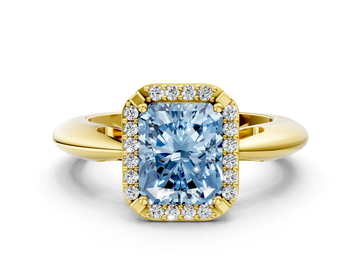 Fancy Blue Radiant Cut Diamond Halo Engagement Ring in Yellow gold with Plain Split Shank and Prong Setting
