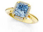 Fancy Blue Radiant Cut Diamond Halo Engagement Ring in Yellow gold with Plain Split Shank and Prong Setting_1