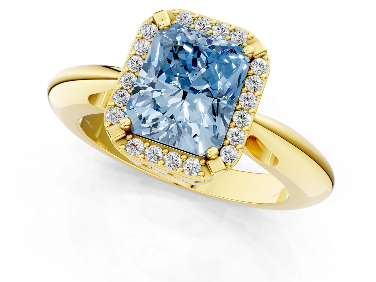 Fancy Blue Radiant Cut Diamond Halo Engagement Ring in Yellow gold with Plain Split Shank and Prong Setting_1