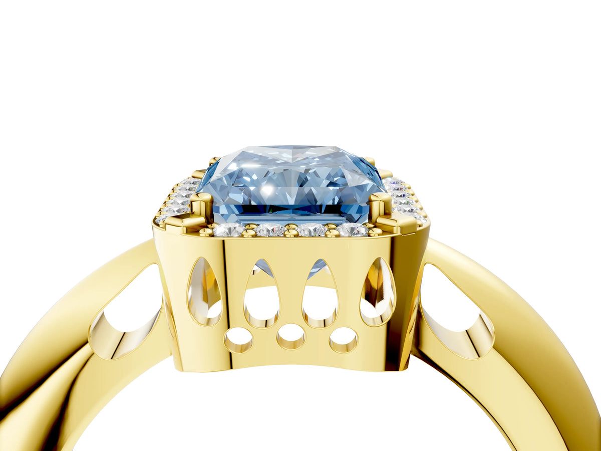 Fancy Blue Radiant Cut Diamond Halo Engagement Ring in Yellow gold with Plain Split Shank and Prong Setting_4
