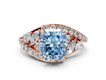 Fancy Blue Radiant Cut Diamond Halo Ring in Rose gold with Marquise and Pavé Band in Prong Setting