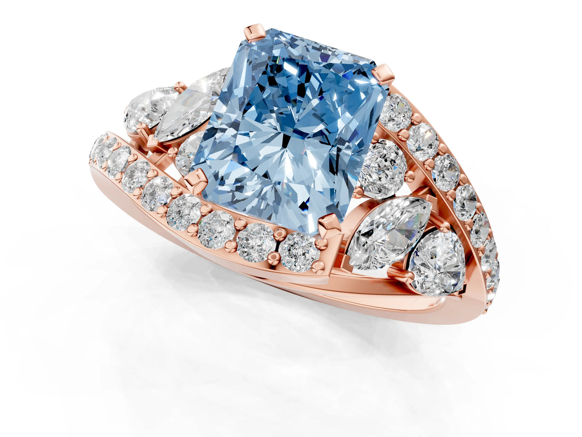 Fancy Blue Radiant Cut Diamond Halo Ring in Rose gold with Marquise and Pavé Band in Prong Setting_1