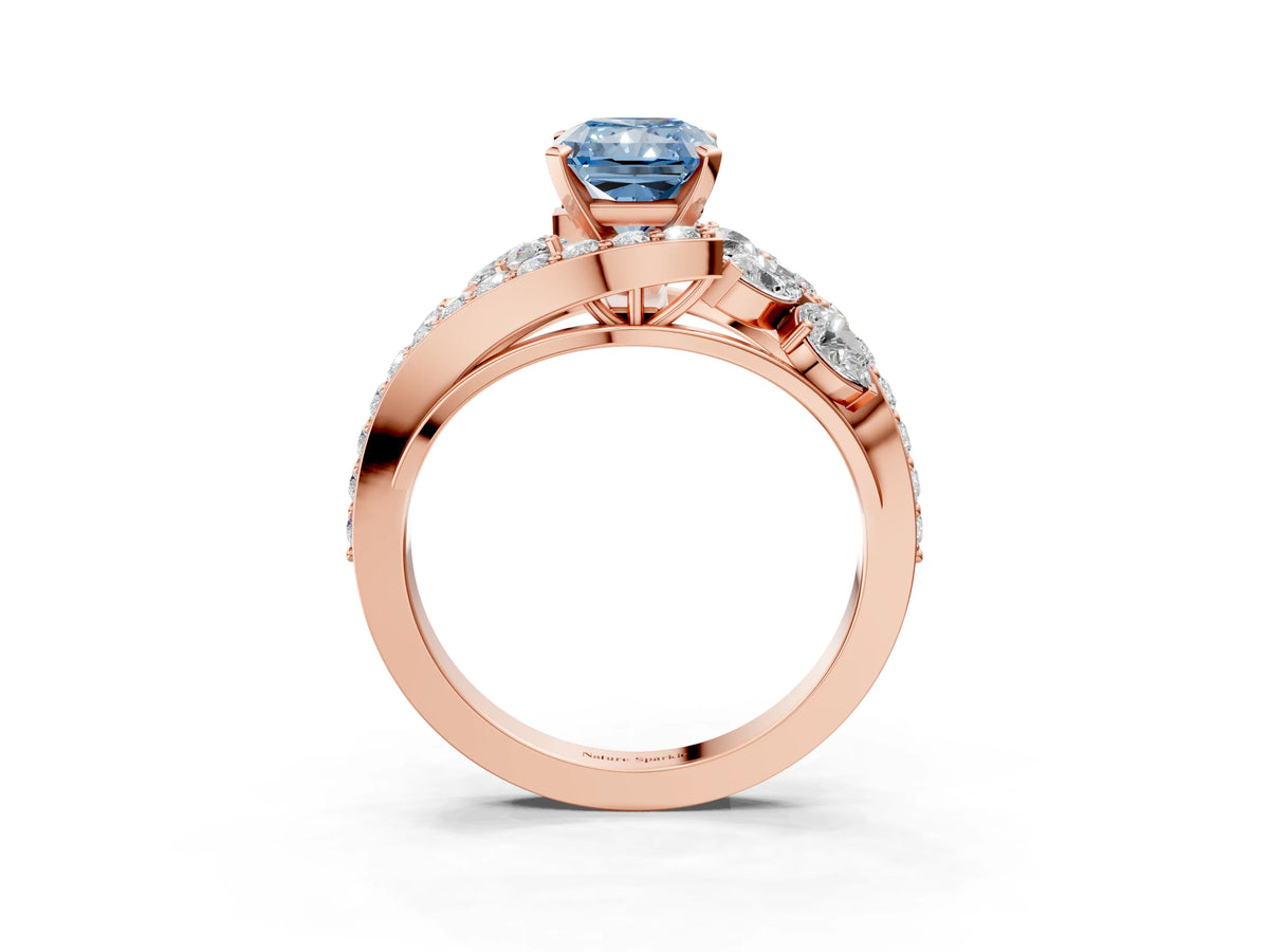 Fancy Blue Radiant Cut Diamond Halo Ring in Rose gold with Marquise and Pavé Band in Prong Setting_3