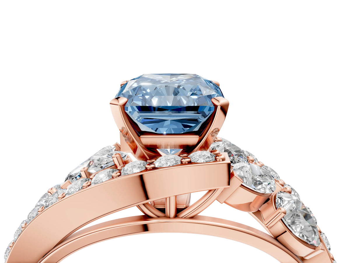 Fancy Blue Radiant Cut Diamond Halo Ring in Rose gold with Marquise and Pavé Band in Prong Setting_4