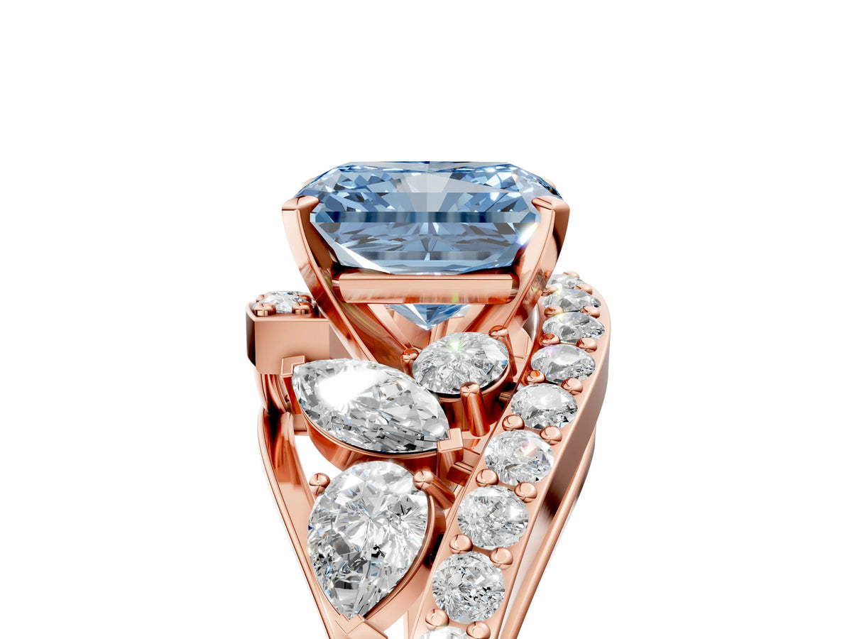 Fancy Blue Radiant Cut Diamond Halo Ring in Rose gold with Marquise and Pavé Band in Prong Setting_5