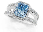 Fancy Blue Radiant Cut Diamond Halo Ring in Silver with Split Shank Band and Prong Setting_13