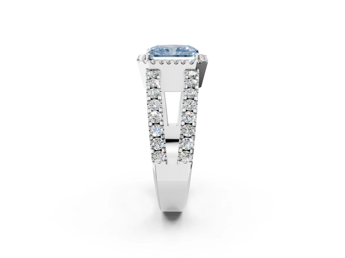 Fancy Blue Radiant Cut Diamond Halo Ring in Silver with Split Shank Band and Prong Setting_14