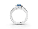 Fancy Blue Radiant Cut Diamond Halo Ring in Silver with Split Shank Band and Prong Setting_15