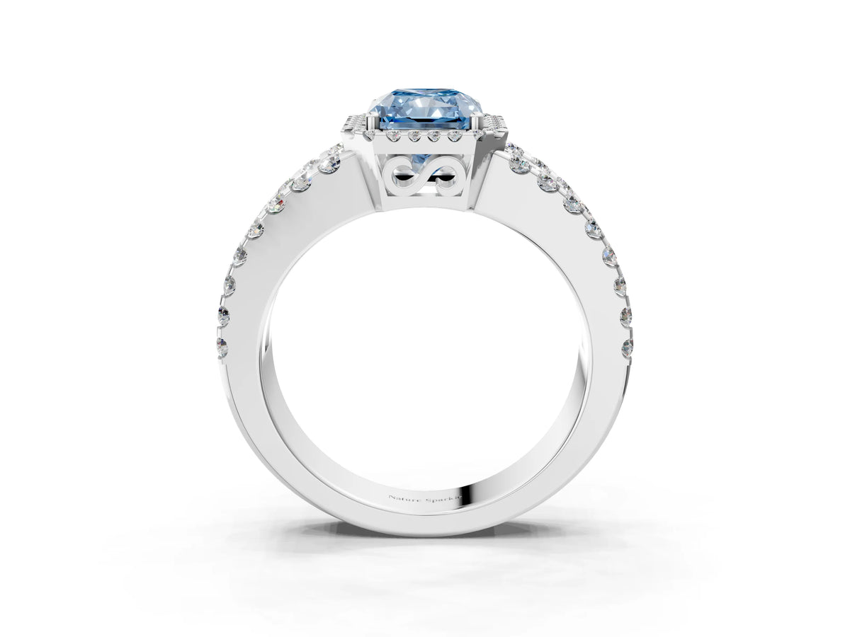 Fancy Blue Radiant Cut Diamond Halo Ring in Silver with Split Shank Band and Prong Setting_15