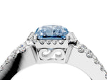 Fancy Blue Radiant Cut Diamond Halo Ring in Silver with Split Shank Band and Prong Setting_16
