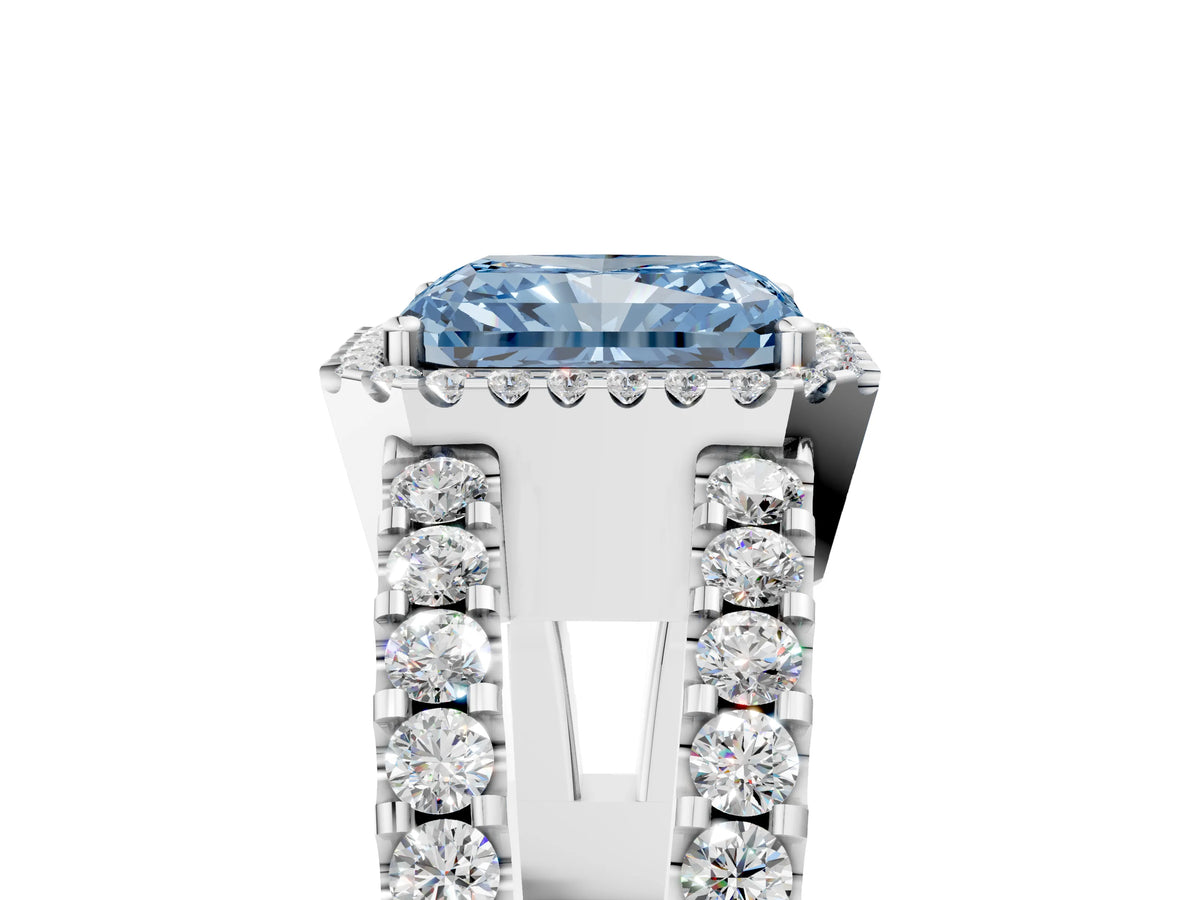 Fancy Blue Radiant Cut Diamond Halo Ring in Silver with Split Shank Band and Prong Setting_17