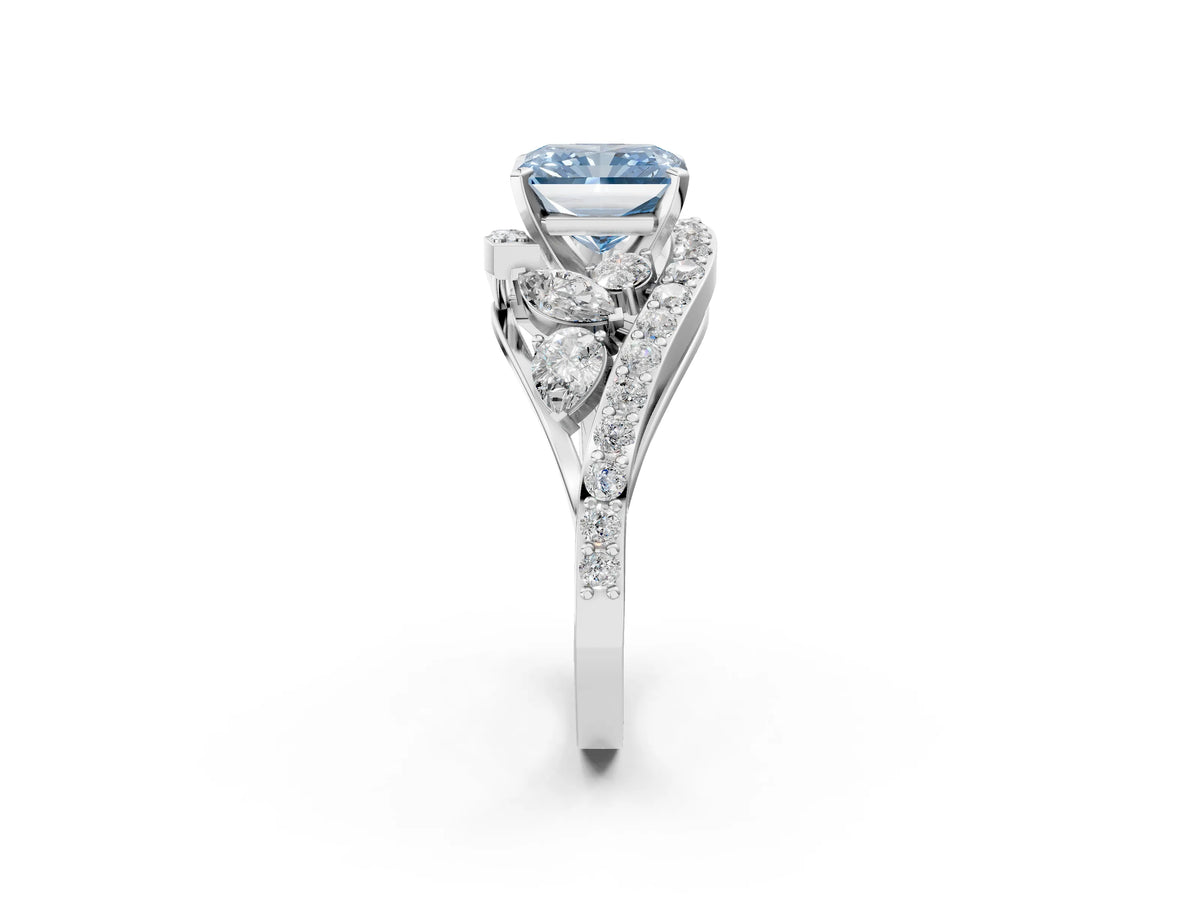 Fancy Blue Radiant Cut Diamond Halo Ring in White gold with Marquise and Pavé Band in Prong Setting_2