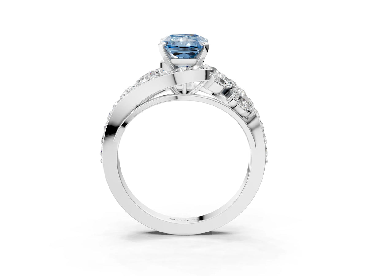 Fancy Blue Radiant Cut Diamond Halo Ring in White gold with Marquise and Pavé Band in Prong Setting_3
