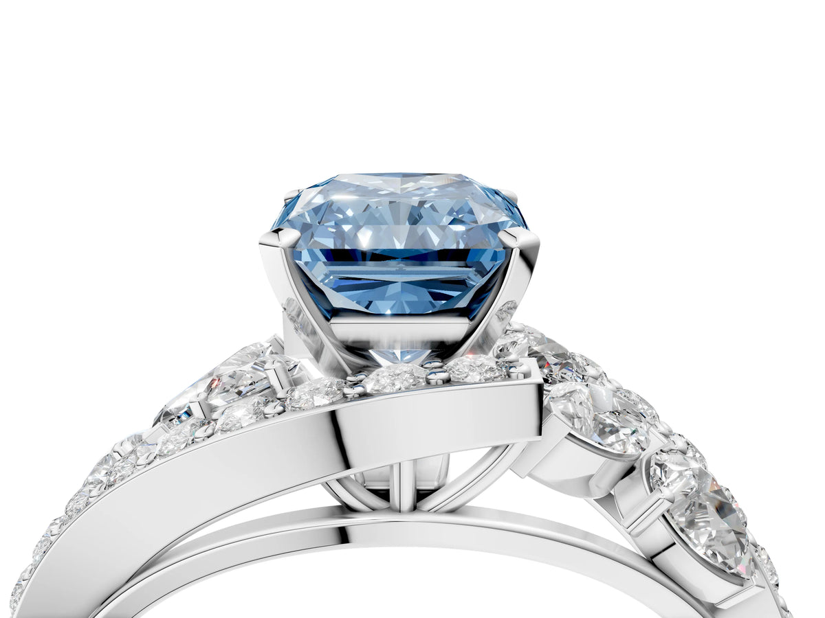 Fancy Blue Radiant Cut Diamond Halo Ring in White gold with Marquise and Pavé Band in Prong Setting_4