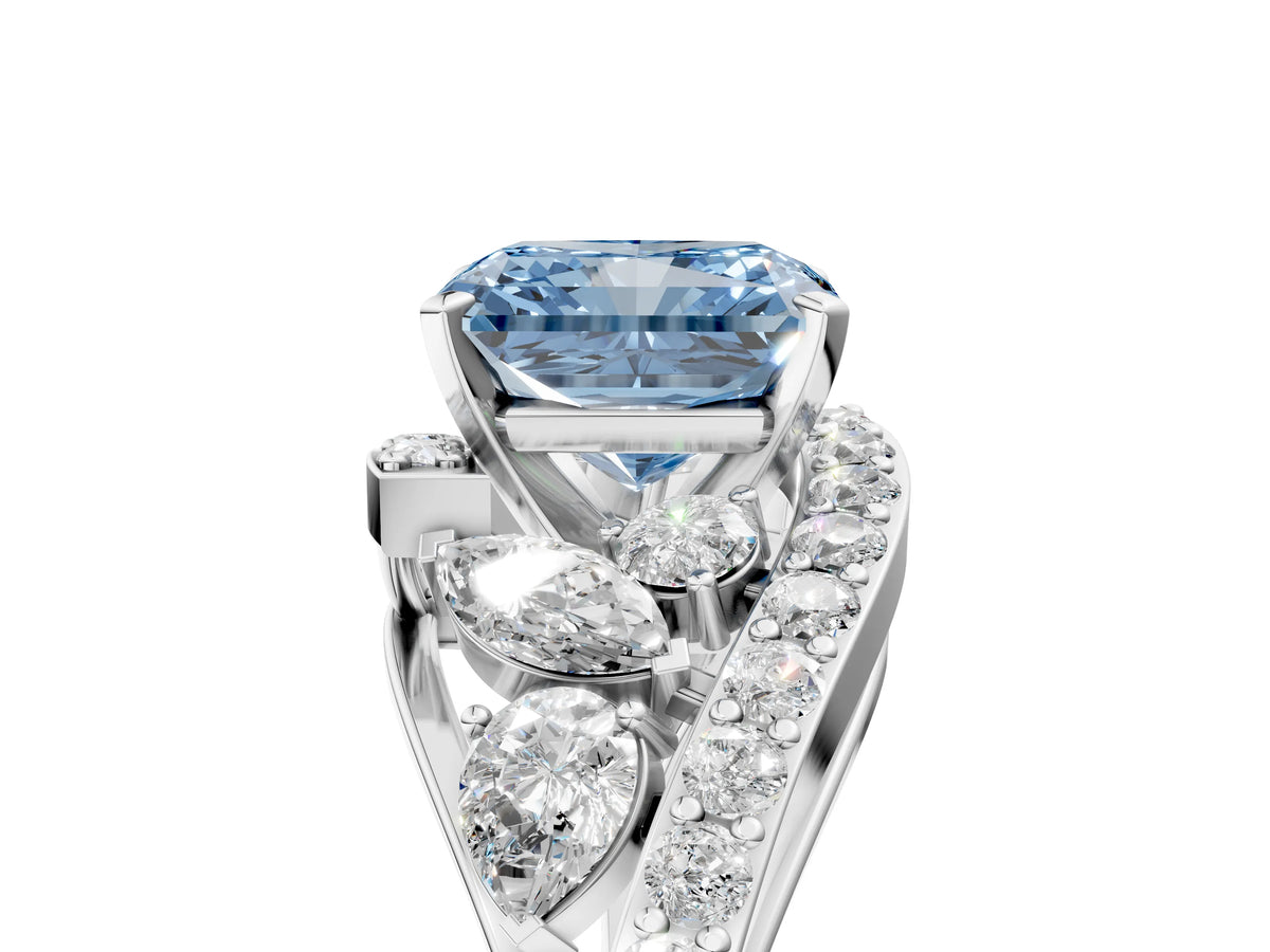 Fancy Blue Radiant Cut Diamond Halo Ring in White gold with Marquise and Pavé Band in Prong Setting_5
