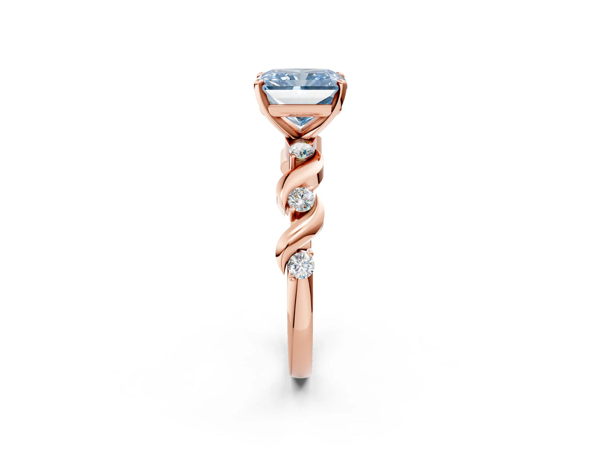 Fancy Blue Radiant Cut Diamond Solitaire Ring in Rose gold with Twisted Ribbon Band and Round Accents_2