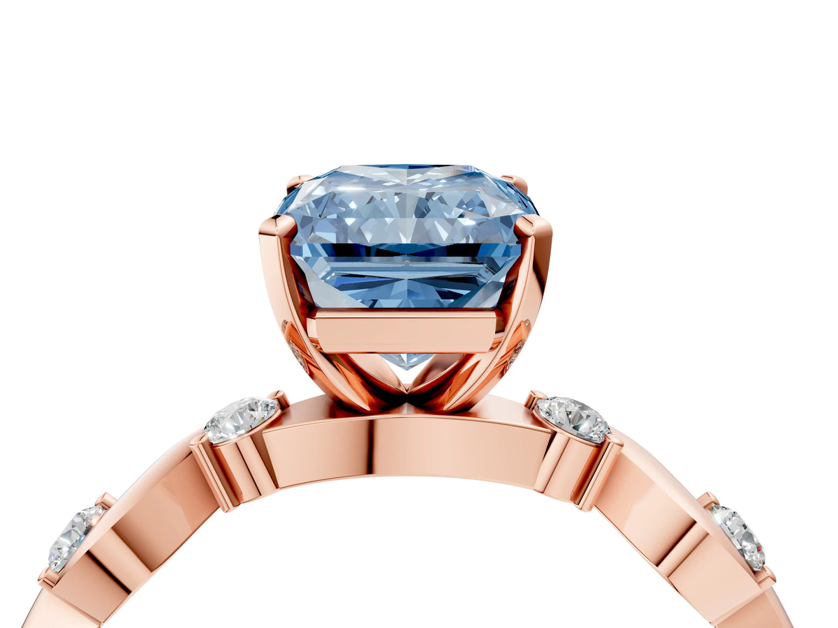 Fancy Blue Radiant Cut Diamond Solitaire Ring in Rose gold with Twisted Ribbon Band and Round Accents_4