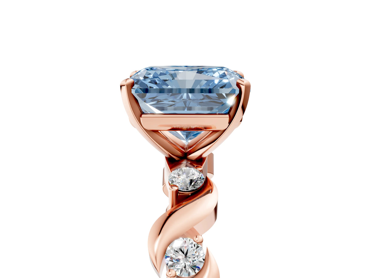 Fancy Blue Radiant Cut Diamond Solitaire Ring in Rose gold with Twisted Ribbon Band and Round Accents_5